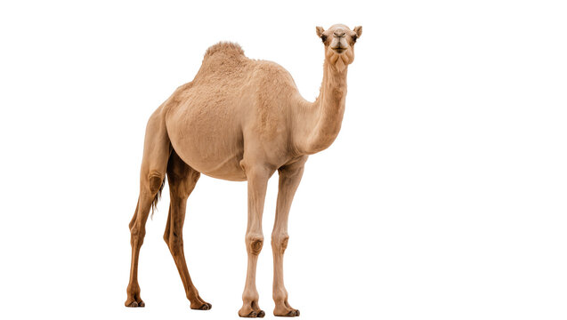 Tan dromedary camel standing attentively displaying its long neck and slender legs, isolated on transparent background for desert themes