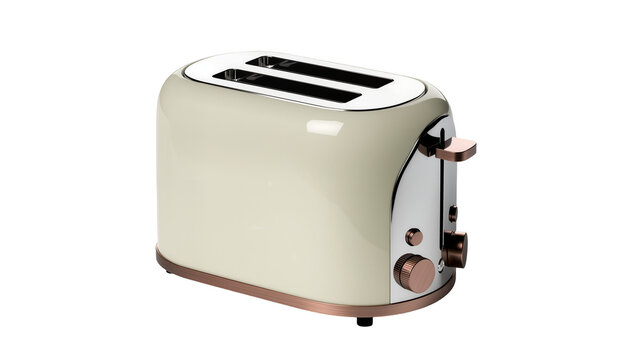 Vintage cream-colored two-slice toaster with rose gold accents and chrome lever, isolated on transparent background for kitchen appliance advertising