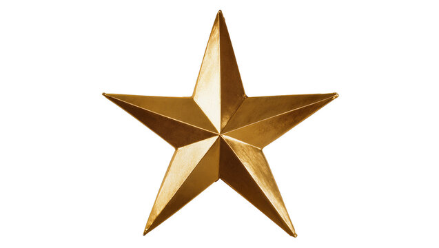 Shiny golden metal star emblem with detailed embossed texture, isolated on transparent background for award designs and promotional graphics