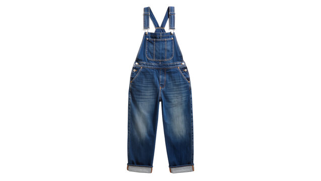 Classic blue denim overalls with adjustable straps and multiple pockets, isolated on transparent background for children s fashion design and apparel mockups