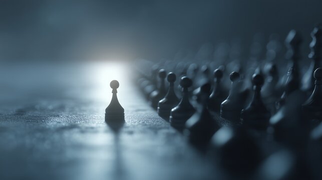 A lone pawn illuminated before a formation of pawns, symbolizing leadership coaching, guidance, confidence and strategic influence.
