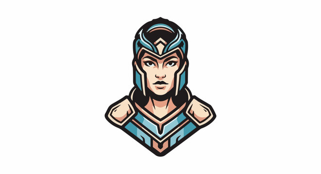 Stylized warrior woman with blue and gold armor, facing forward