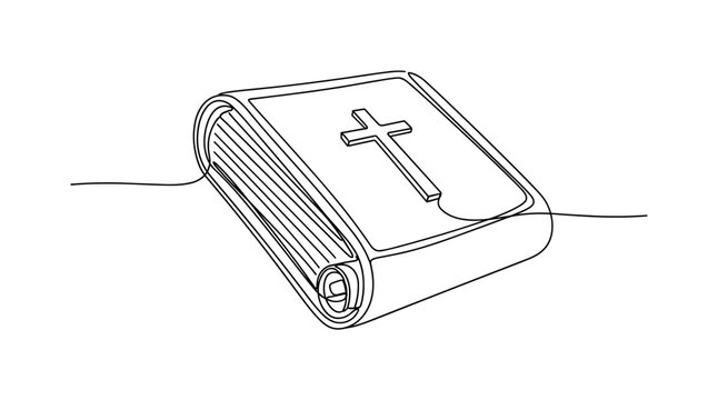 Bible Scroll. Minimalistic one-line drawing rolled Bible scroll with cross, continuous single black line on white background, simple outline style, no shading,