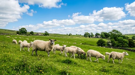 Obraz premium Herd of sheep grazing on lush green pasture under a blue sky
