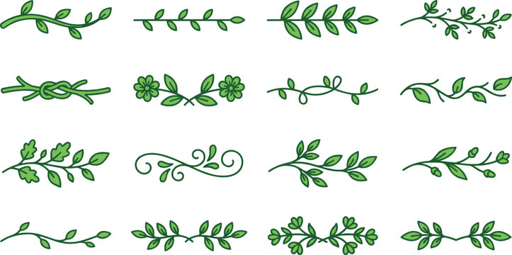 Leaf branch divider set with elegant botanical line separators, vine flourishes and greenery borders for wedding invitations, greeting cards, natural branding, packaging and decorative layout design