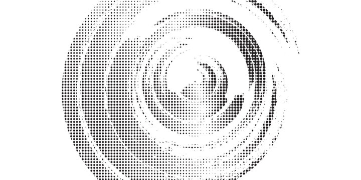 Abstract black and white halftone swirl design featuring circular spiral patterns made of dense dot textures, with overlapping circular shapes and subtle distortion