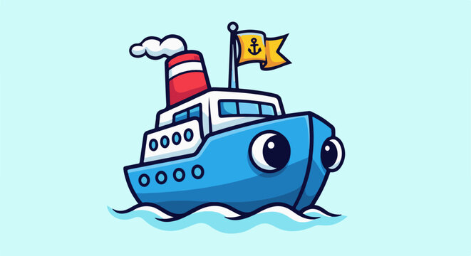 Cute cartoon blue boat with a yellow flag, red chimney, and white windows