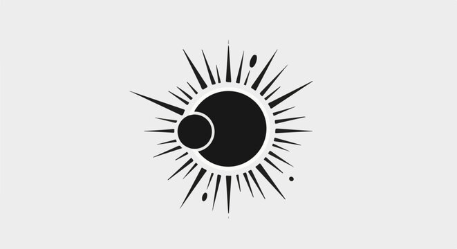 Abstract solar eclipse graphic with sunburst rays and orbiting planets