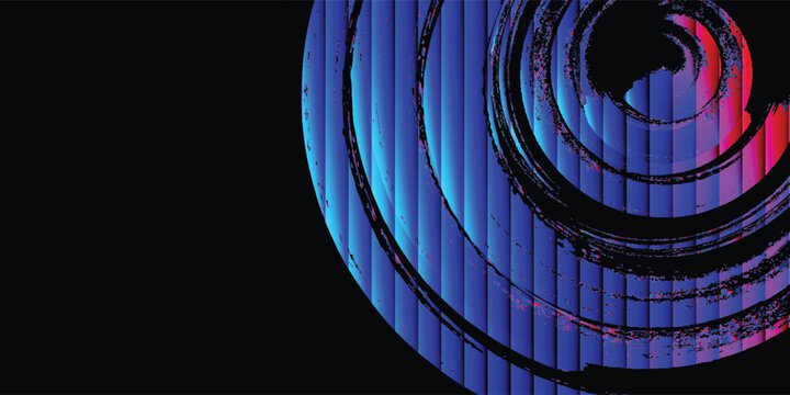 Abstract neon spiral design on a deep black background, vertical scanline distortions