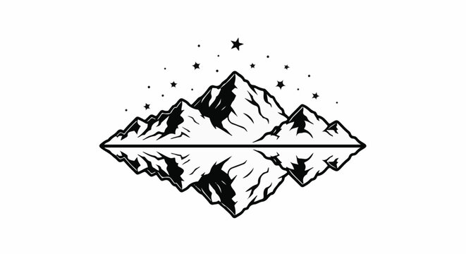 Stylized mountain range with mirrored reflection under starry sky