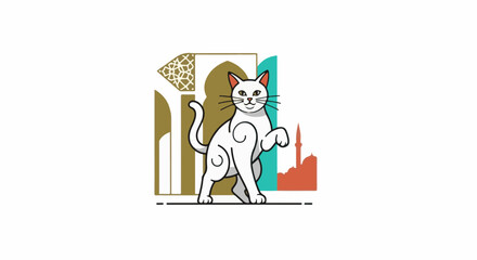Fototapeta premium Stylized white cat with alert eyes, raised paw, against abstract architecture