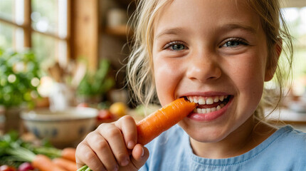 Fototapeta premium Young girl smiling while eating carrot in kitchen with vegetables 