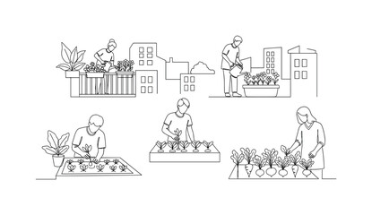 Obraz premium Urban Cultivation. Minimalistic one-line drawing community members planting and caring for vegetables and flowers in city, continuous single black line on