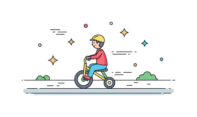 Obraz premium Tricycle ride sunny park scene where a child pedals a colorful tricycle along a paved path while small sparkle and star icons emphasize fun, motion, and