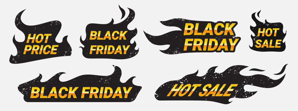 Hot sale fire badges with burning flame, grunge realistic vector icons isolated on background. Special black friday tags with fire for promotion events. Bright sticker design, discount offers
