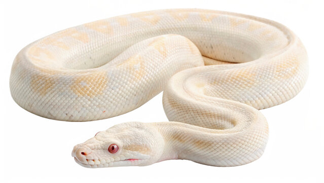 White snake lies coiled on a plain surface showing its smooth body and distinct patterns with focus on its head and eyes