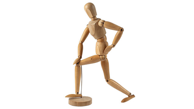 Wooden mannequin in a kneeling pose with one hand on the knee and the other resting on the stand