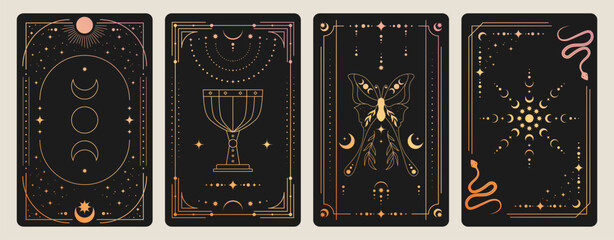 Mystical tarot card back with celestial sun, moon and stars in ornate golden frame, vector illustrations. Esoteric borders with magic symbols, spiritual snake, butterfly patterns for horoscope design © klyaksun