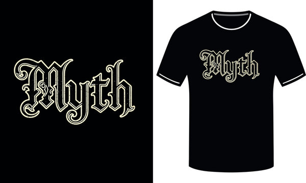 Gothic ornate white text 'Myth' with decorative flourishes and an outline on a black background, designed for apparel and graphic use.