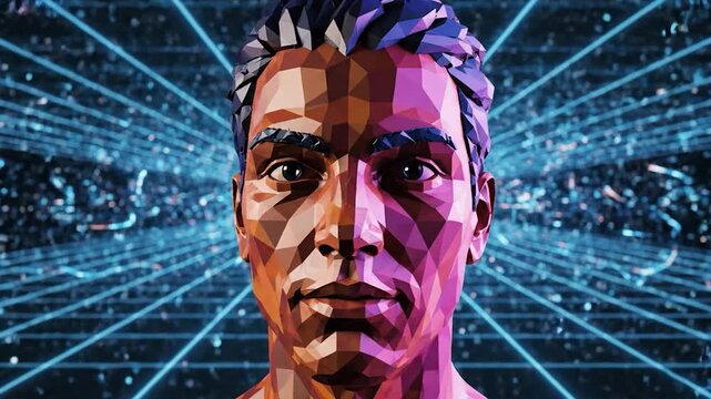 Low poly digital human head profile with abstract futuristic background and glowing particles