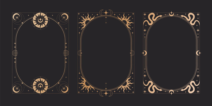 Magic black tarot cards set, celestial moon and sun icons. Vector realistic illustration of mystic vintage cards with golden line border, snake and star ornaments, esoteric symbols, astrology signs