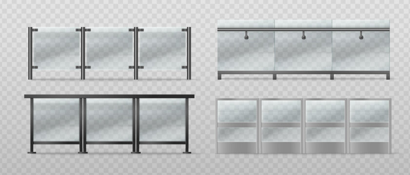 Modern glass balcony railing with black and silver metal frame and transparent panels, realistic 3D vector illustrations isolated on background. Balustrade for terrace, office building or pool barrier