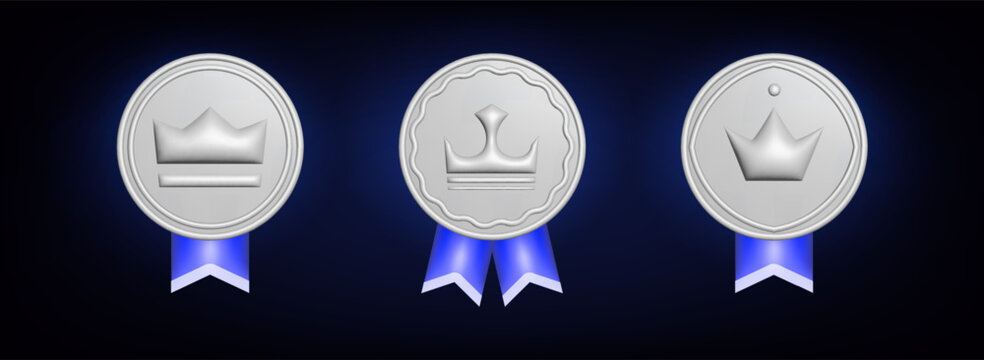 Silver medal award icons with blue ribbon for second place winner, vector set isolated on background. Champion achievement badge, trophy emblem design, victory prize certificate symbol, quality seal