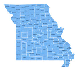Missouri County Map, Detailed Vector Illustration of USA Administrative Boundaries © Mapdeviser
