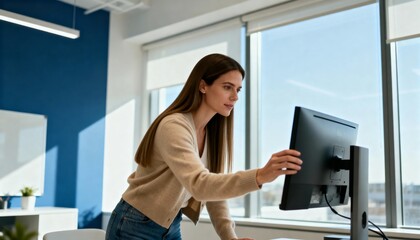 Young woman adjusting computer monitor in a modern office. Professional female employee setting up workstation for ergonomics. Workplace productivity and technology concept
