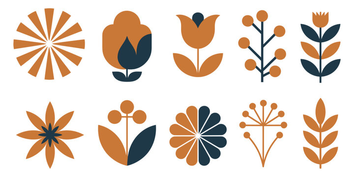 Modern abstract floral shapes with geometric daisy, tulip, and berry sprig in mustard yellow, navy blue, and rust orange, hand drawn