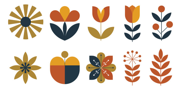 Modern abstract floral shapes with geometric daisy, tulip, and berry sprig in mustard yellow, navy blue, and rust orange