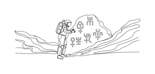 Fototapeta premium Cosmic Archaeology. Minimalistic one-line drawing human studying alien symbols on rocky planet, continuous single black line on white background, simple