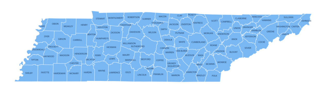 Tennessee County Map, Detailed Vector Illustration of USA Administrative Boundaries