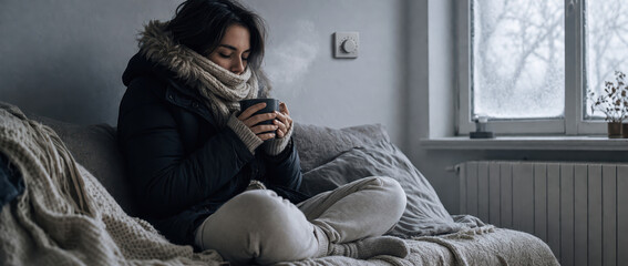 woman sitting in cold apartment holding hot mug during heating crisis