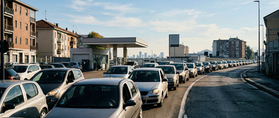 daytime queue of vehicles waiting to refuel during fuel supply shortage