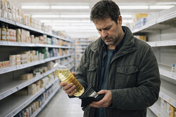 worried shopper holding cooking oil and wallet in supermarket with sparse shelves