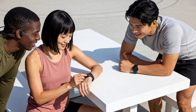 Diverse group of friends checking fitness data on a smartwatch outdoors. Young athletes in sportswear using wearable technology after workout. Summer fitness and social connection concept