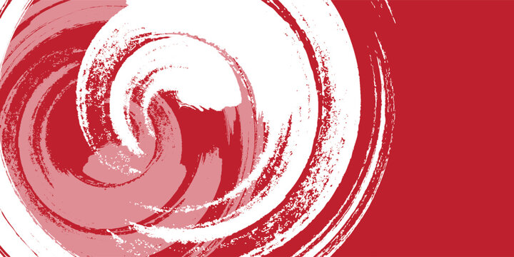Abstract grunge swirl design with bold red background and large circular brush strokes forming spiral patterns, textured paint splashes in white and soft pink tones