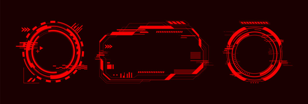 High tech hud interface with glowing red alert frames and futuristic holographic elements, abstract vector icons isolated on black background. Game ui design and cyber punk digital displays
