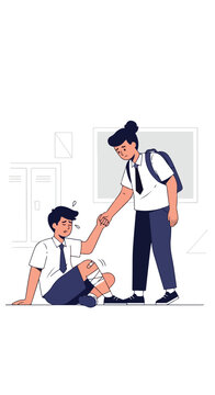 A student helping a fallen classmate with a bandaged leg in a school hallway