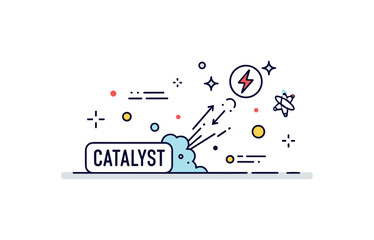 Obraz premium Catalyst reaction process concept where a chemical or abstract reaction spreads while tiny sparkle and line icons highlight activation, energy flow, and