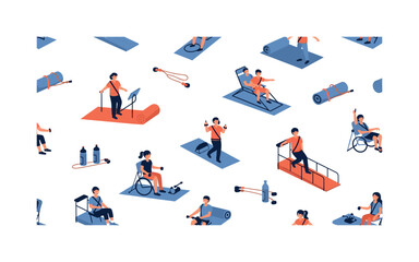Fototapeta premium rehabilitation patterns seamless pattern, repeating pattern, surface design, textile print, modern illustration of people with disabilities doing adaptive