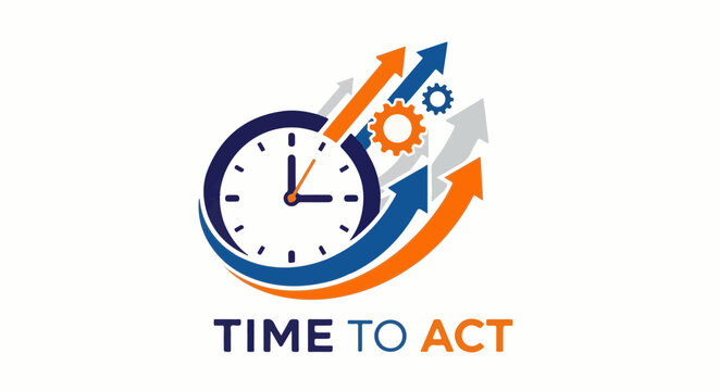 Clock with upward arrows and gears, symbolizing progress and action