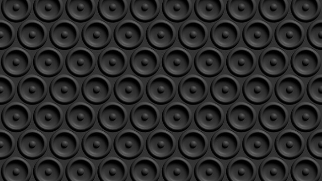 A mesmerizing black surface is covered with repeating circular modules and speaker like forms. The monochromatic geometric design suggests a theme of sound and technology.