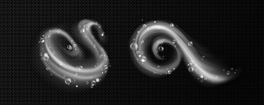 Dynamic water swirls with foam bubbles, fresh vortex effect, set of vector illustrations isolated on transparent background. Clean detergent wave with realistic 3D liquid motion