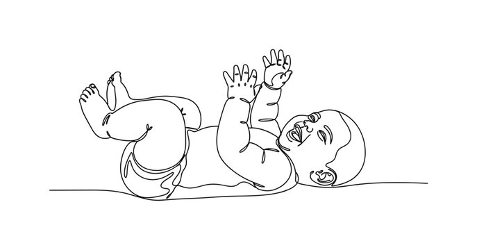 Happy Baby. Minimalistic one-line drawing baby lying down giggling with arms and legs lifted, continuous single black line on white background, simple outline