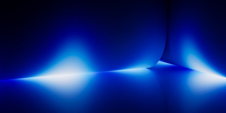 Abstract blue neon glow with dark vertical spike silhouette rising from luminous wave. Futuristic digital background for technology and luxury design projects.