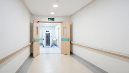 Open double doors at the end of a bright clinical hospital corridor sh.