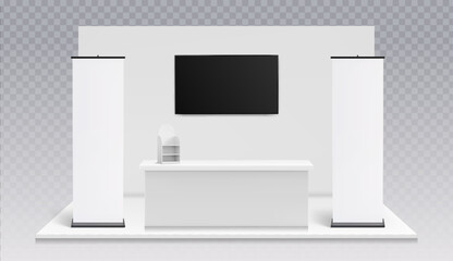 3d realistic trade show booth mockup with blank banners, display panel and counter, vector template isolated on transparent bg. Exhibition stand presentation, promotional event design in render style