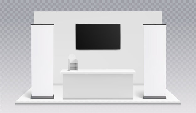 3d realistic trade show booth mockup with blank banners, display panel and counter, vector template isolated on transparent bg. Exhibition stand presentation, promotional event design in render style